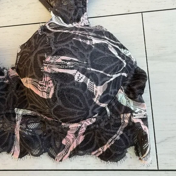 Victorias Secret PINK Date Push Up Bralette Size Medium Gray Floral Lace - Picture 3 of 11